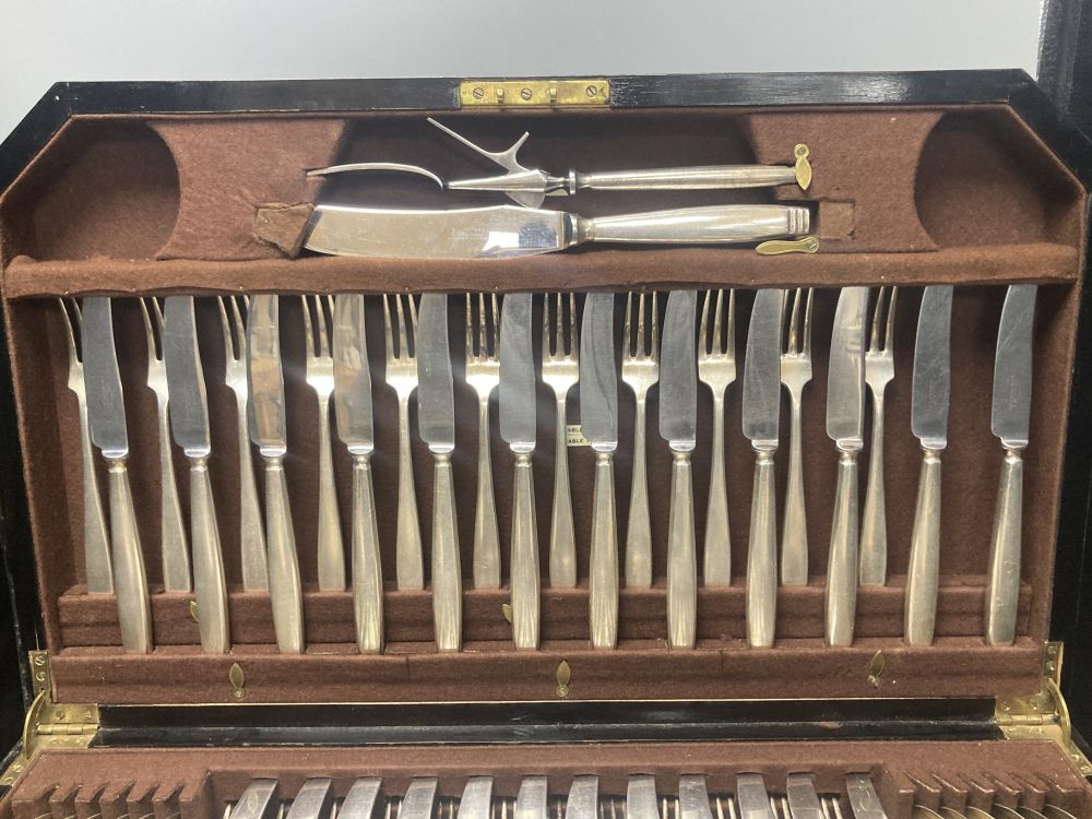 A cased Elkington plated canteen of Rochester-pattern cutlery, near complete, and similar oak cased set of twelve fish knives and forks